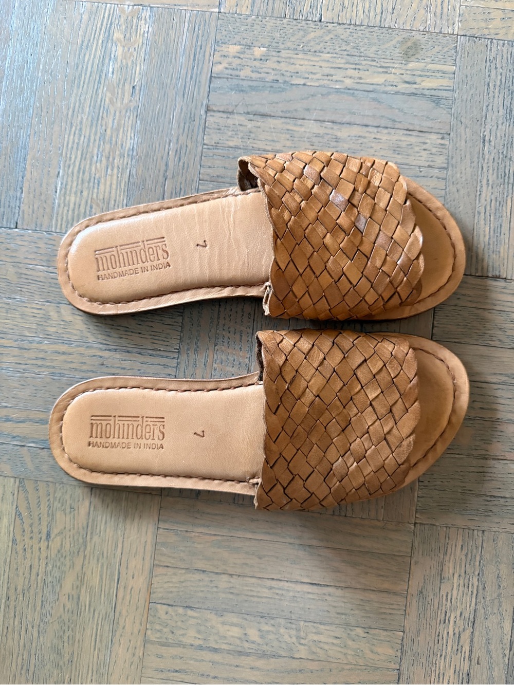 Mohinders Tan Woven Leather Slide Mules for Women